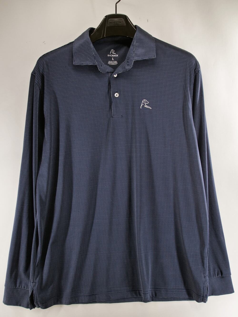 Rhoback Long Sleeve Performance Polo Mens Large L Navy Blue White Micro Dot Golf